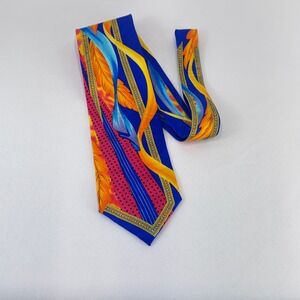 Krizia Uomo Silk Tie Mens Blue Orange Feather Polka‎ Dot Maximalist Retro Luxury